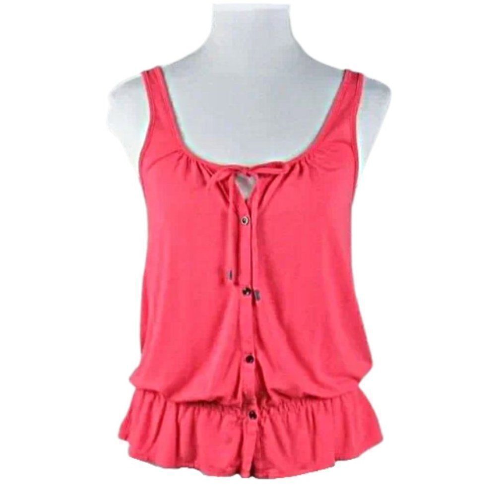 Top Sleeveless Camisole Button Front Elastic Waist Keyhole Tie Front Pink Size S